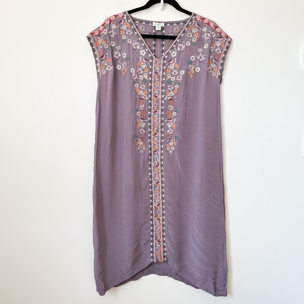 Sundance Ayla Purple Floral Embroidered V Neck Crinkle Shift Dress Womens XS - Picture 2 of 13